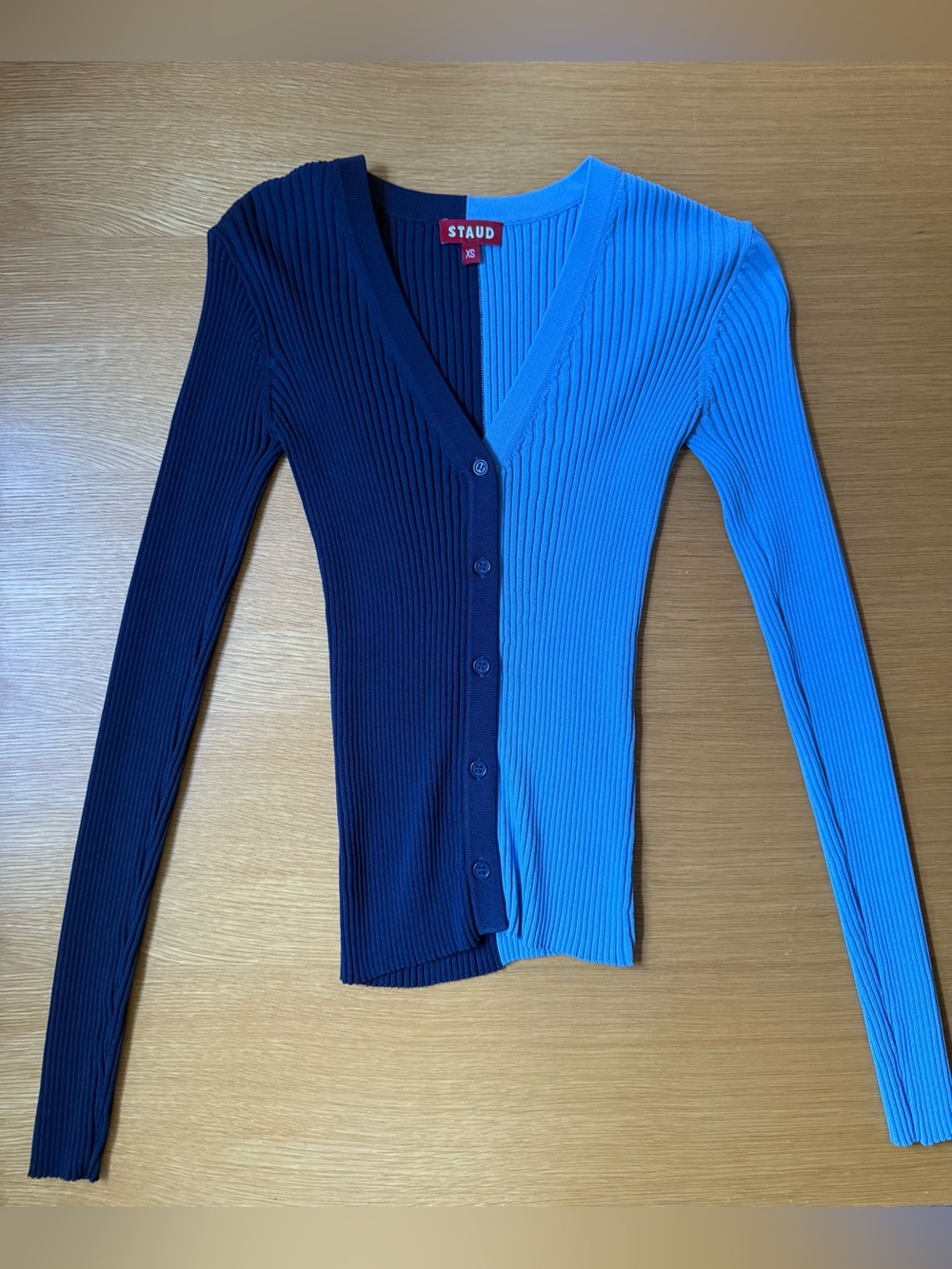 STAUD Cargo cardigan in two tone light blue and dark blue - slim flit - size xs